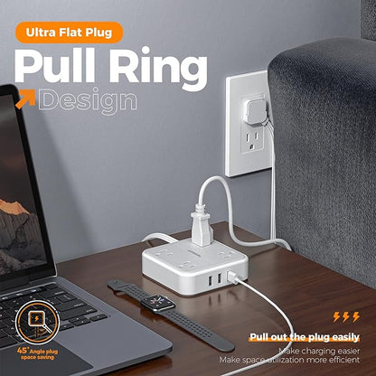 Flat Plug Surge Protector Power Strip, TESSAN 5 ft Extension Cord with 4 Outlets and 3 USB Ports, Indoor Desk Charging Station, 900J Surge Protector for Travel, Office, School, Dorm Room Essentials