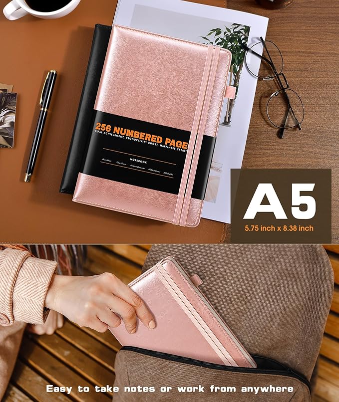 Lined Journal Notebook for Women Men, 256 Numbered Pages Hardcover Leather Journals for Writing, A5 Journaling Notebooks, College Ruled Journal for Business Work School 5.75" x 8.38" Champagne