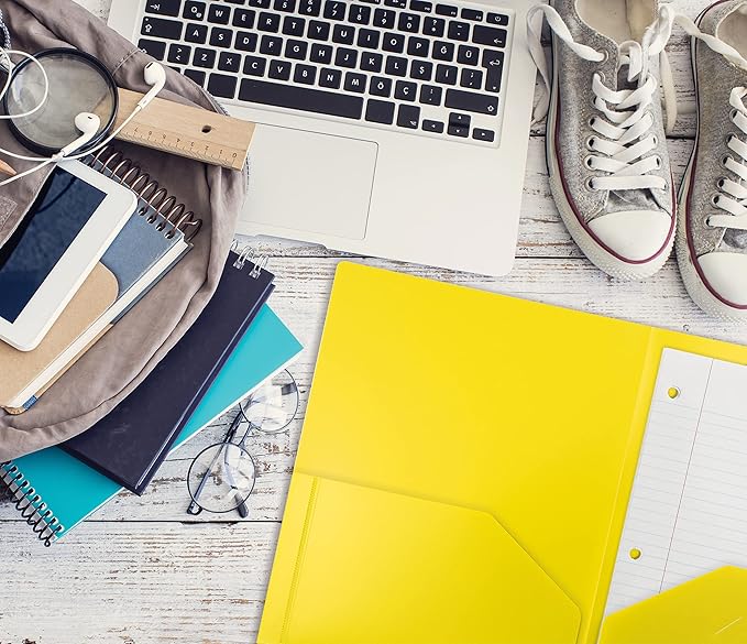 Better Office Products Heavyweight Plastic 2 Pocket Portfolio Folder, Letter Size Poly Folders 24 Pack (Yellow)