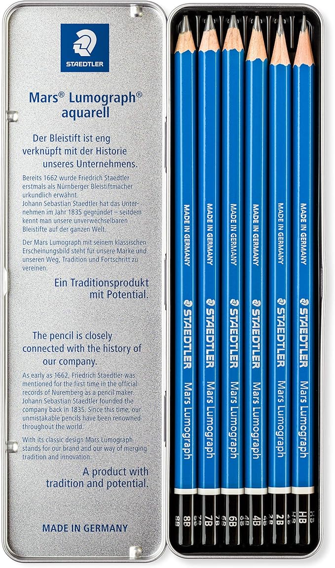 STAEDTLER Lumograph Graphite Drawing and Sketching Pencils 100G6, Set of 6 Degrees in an Attractive Storage Tin (100G6)