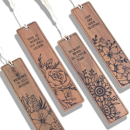 Flower Bookmark – Set of 4 Wooden Bookmarks with Tassels, Made from Walnut Wood,Funny Bookmark Gift for Men and Women, Novelty Gag Bookmark for Book Lovers,Christmas Stocking Stuffer
