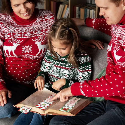 Haooryx Christmas Winter DIY Bookmarks - 240pcs Xmas DIY Bookmark Christmas Candy Cane Pattern Bookmarks Red Ribbons Christian Religious Christmas Bookmark Party Favor School Classroom Students Reward