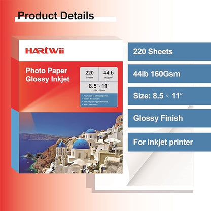 220 Sheets Photo Paper Glossy Inkjet 8.5x11 44lb 160Gsm A4 Letter Size Suitable for All Dye Ink Printers