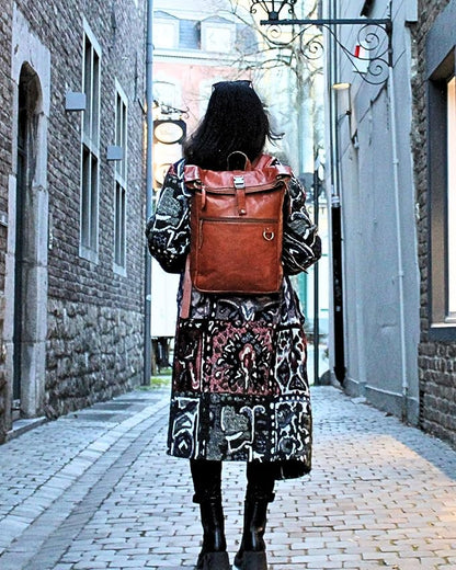 Genuine Leather Backpack for Women, Roll Top Backpack, Laptop Bookbag, Roll On Vintage Rucksack for College, Work & Travel, Brown, Medium - 15.3 Inch