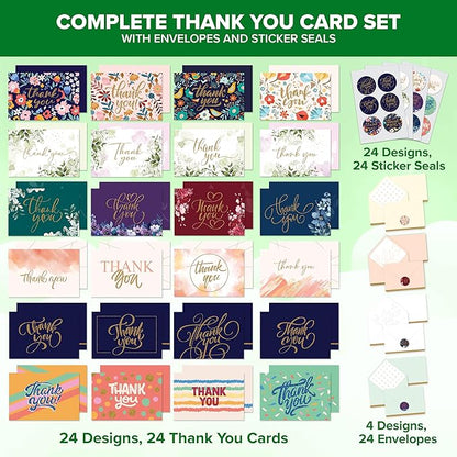Decorably 24 Pack Glittery 6x4in Assorted Thank You Cards with Envelopes and Stickers, 24 Unique Beautiful Designs Thank You Card Assortment, Blank Inside - Wedding, Baby Shower, Birthday