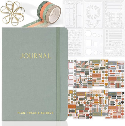 ZICOTO Ultimate All-in-One Journaling Kit - Incl. Journal Notebook With Linen Hardcover and Dotted Pages, Stencils, Stickers, Washi Tapes, Paper Clips and More Bullet Checklist Supplies