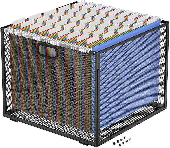 Oterri Hanging File Organizer, Metal File Organizer, Portable Desktop File Organizer for Letter Size Folder, Mesh Hanging File Crate for Office,Folders Not Included(Cool Black-Large,1 Pack)