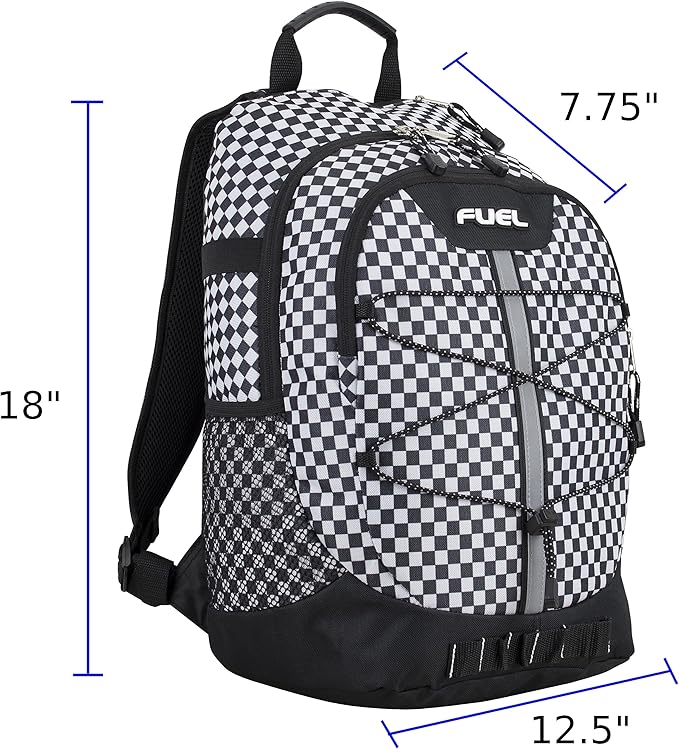 FUEL Hiking Checkered Black White Backpack for Women Men Terra Sport, Travel, College, Gym, Work with Laptop Sleeve, Bungee, 18 Inches