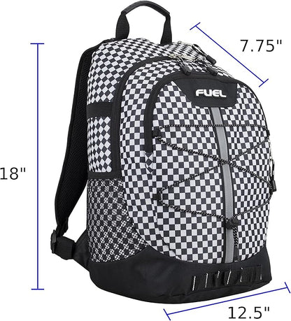 FUEL Hiking Checkered Black White Backpack for Women Men Terra Sport, Travel, College, Gym, Work with Laptop Sleeve, Bungee, 18 Inches