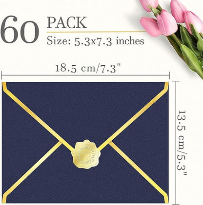60 Pack Gold Envelopes 5x7 Dark Blue, 250G Pearled Cardstock A7 Envelopes for Invitations Business Mailing Envelope with Gold Foil Border, A6 4x6 Envelopes for Wedding Baby Shower Cards
