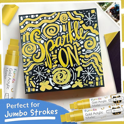 5 Acrylic Gold Paint Pen Metallic - Gold Marker Metallic Paint for Wood, Fabric, Canvas, Leaf, Tire, Metal, Glass - Permanent Pen Fine Tip, Thin Point & Jumbo (1mm, 3mm, 6mm, 10mm, 15mm)