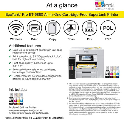 Epson EcoTank Pro ET-5880 Wireless Color All-in-One Supertank Printer with Scanner, Copier, Fax, Ethernet and PCL/Postscript, White