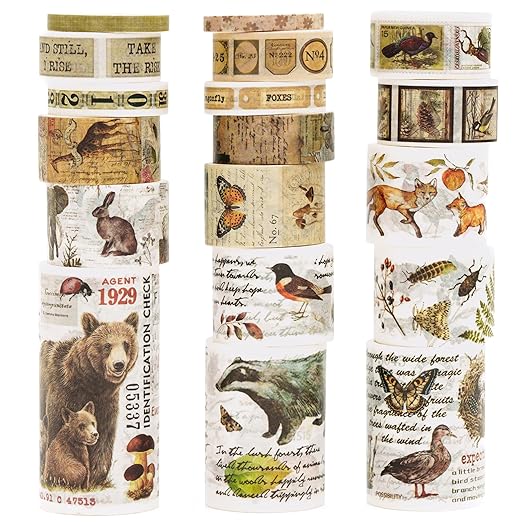 18 Rolls Vintage Washi Tape Pack Retro Arts Adhesive Tapes Wide Monologue Decorative Masking Tape Sets for Craft, Kids, Scrapbook, DIY, Gift Wrapping (Jungle Trails)