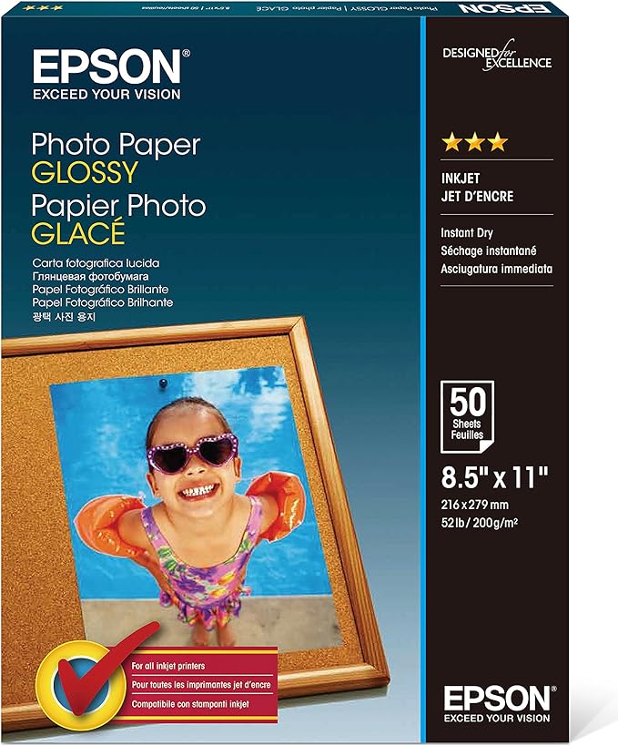 Epson S041649 Glossy Photo Paper, 52 lbs., Glossy, 8-1/2 x 11 (Pack of 50 Sheets)