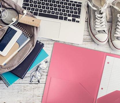 Better Office Products Heavyweight Plastic 2 Pocket Portfolio Folder, Letter Size Poly Folders, 24 Pack (Pink)