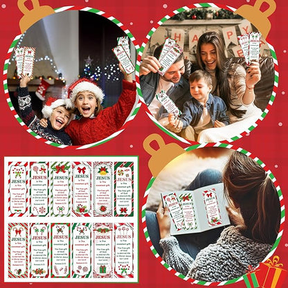 Haooryx Christmas Winter DIY Bookmarks - 240pcs Xmas DIY Bookmark Christmas Candy Cane Pattern Bookmarks Red Ribbons Christian Religious Christmas Bookmark Party Favor School Classroom Students Reward