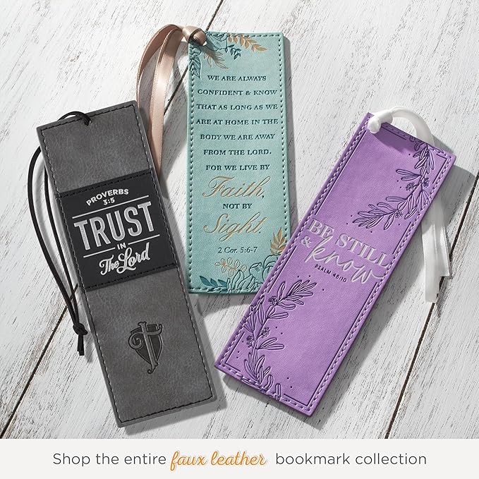 Christian Art Gifts Black Charcoal Gray Faux Leather Bookmark for Men: Trust in the Lord - Proverbs 3:5 Inspiring Bible Verse, Heat-debossed w/Silver Foil Accents Cross, Shield and Sturdy Leather Cord