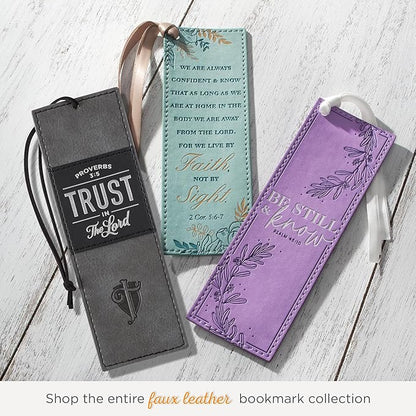 Christian Art Gifts Black Charcoal Gray Faux Leather Bookmark for Men: Trust in the Lord - Proverbs 3:5 Inspiring Bible Verse, Heat-debossed w/Silver Foil Accents Cross, Shield and Sturdy Leather Cord