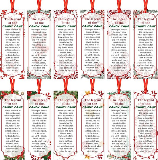 Haooryx 240pcs Christmas Theme Bookmarks, The Legend of The Candy Cane Bookmark with Red Ribbons, Candy Cane J is for Jesus Religious Bookmark Party Favor for Sunday School Supply Students Rewards