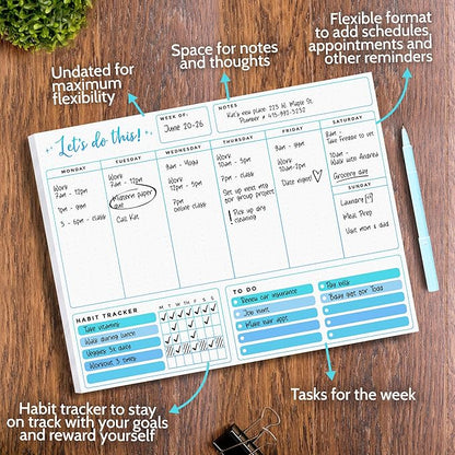 T Marie Weekly Planner Notepad - 52 8.5 x 11” Calendar Sheets Pad and Daily Habit Tracker With To Do List Scheduler - Appointment Calendar for Productivity to Reach Goals, Undated