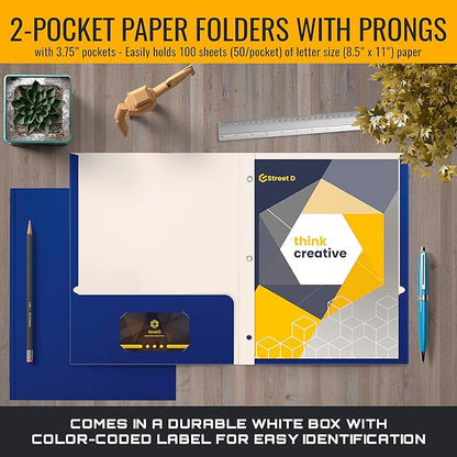 Better Office Products Blue Paper 2 Pocket Folders with Prongs, 50 Pack, Matte Texture, Letter Size Paper Folders, 50 Pack, with 3 Metal Prong Fastener Clips, Blue
