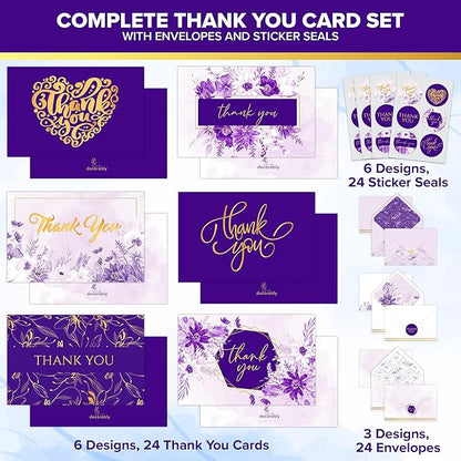 Decorably 24 Pack Gold-Foiled 6x4in Purple Thank You Cards with Envelopes and Stickers, 6 Elegant Designs Lavender Thank You Cards, Blank Inside - Wedding, Baby Shower