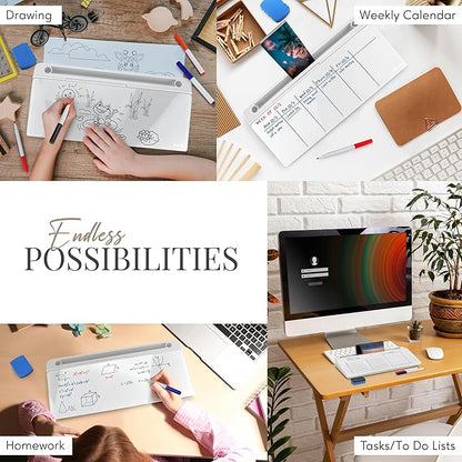 Birch Desktop Whiteboard with Storage & Multiple Markers Surface Desktop Glass Dry Erase Board Desk Top White Board Dry Erase Notepad Desk White Board Tabletop Desk Whiteboard (Cloud)