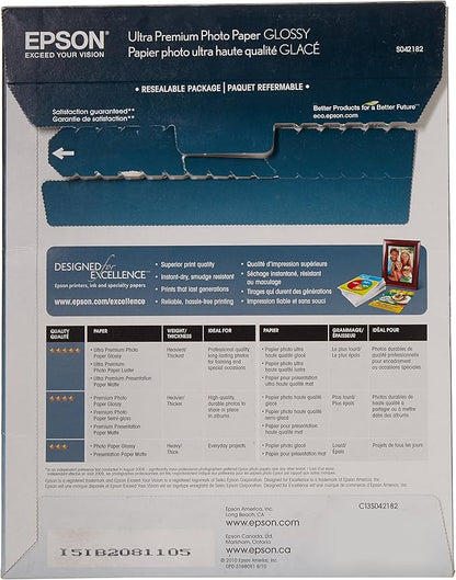 Epson Ultra Premium Photo Paper Glossy, Letter, 8.5 x 11, 25 Sheets (S042182), White