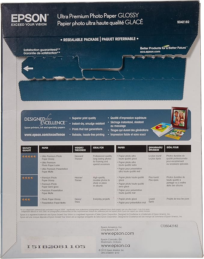 Epson Ultra Premium Photo Paper Glossy, Letter, 8.5 x 11, 25 Sheets (S042182), White (Pack of 2)