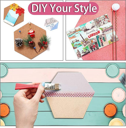 SUNGIFT Hexagon Cork Board Tiles Self Adhesive 6 Pack - 1/2" Thick Corkboards for Wall 12" x 10.2" Memo Boards Pin Board Decorative Bulletin Board for Office Home Kitchen - 50 Multi-Color Push Pins