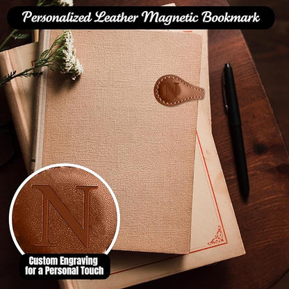 Personalized Leather Magnetic Bookmarks (1 Pack) Vintage Custom Engraved Initial ID Identification Book Marker Clip Gift for Book Lover Avid Readers (Letter N, Light Brown)