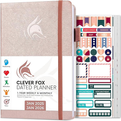 Clever Fox Dated Planner 2025-2026 – Weekly Life Planner Notebook for Goal Setting & Time Management – Planner with Habits Tracker, to-do List & Dated Pages – A5, Lasts 1 Year (Rose Gold)