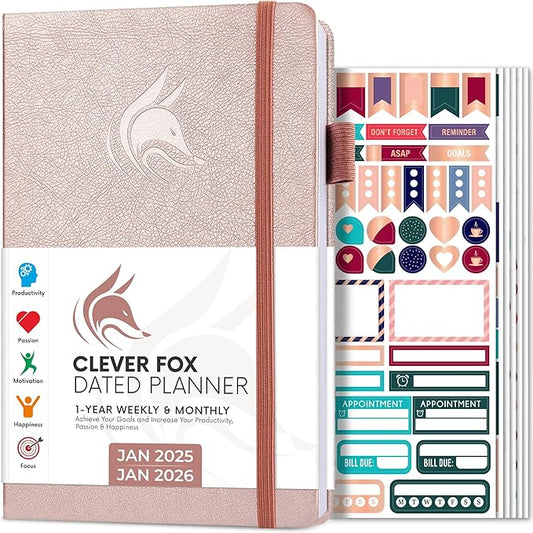 Clever Fox Dated Planner 2025-2026 – Weekly Life Planner Notebook for Goal Setting & Time Management – Planner with Habits Tracker, to-do List & Dated Pages – A5, Lasts 1 Year (Rose Gold)