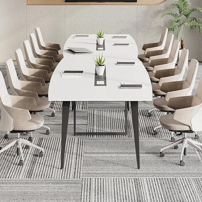 LITTLE TREE 8FT Conference Room Table, 94.48L x 47.21W x 29.52H Boat Shaped Meeting Table, White&Black
