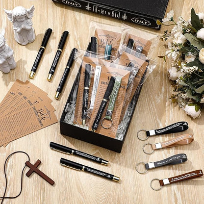25 Sets Christmas Christian Church Gifts Bulk Bible Verse Plastic Gel Pen Religious Silicone Keychains Scripture Bookmark 2''x 6'' Emergency Numbers Bible Bookmarks Gift Pastor(Black)
