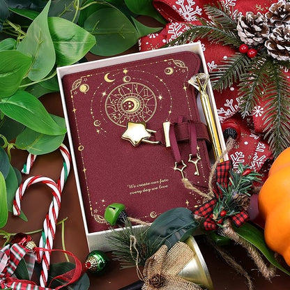 Diary with Lock and Keys for Girls Gift Ideas, 360 Kraft Pages Journal for Women, B6 Refillable Notebook for Writing with Pen and Bookmark (Astro Red)