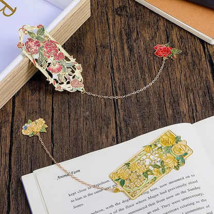 2 Pcs Metal Rose Bookmarks, Beautiful Book Marks for Reading Women Vintage Bookmarks with Metal Chain Pretty Bookmark Gift for Book Lovers Readers Birthday Christmas Gifts(Red, Yellow Roses)