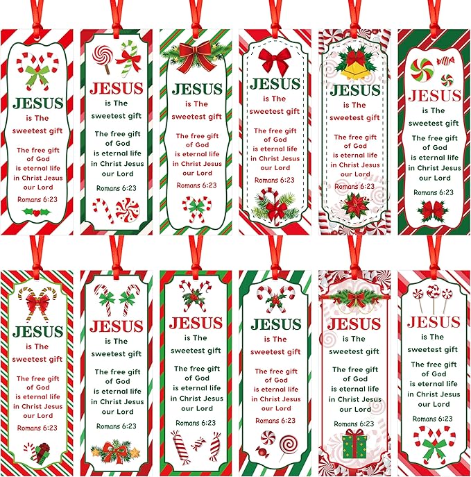 Haooryx Christmas Winter DIY Bookmarks - 240pcs Xmas DIY Bookmark Christmas Candy Cane Pattern Bookmarks Red Ribbons Christian Religious Christmas Bookmark Party Favor School Classroom Students Reward