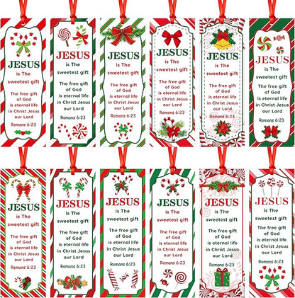 Haooryx Christmas Winter DIY Bookmarks - 240pcs Xmas DIY Bookmark Christmas Candy Cane Pattern Bookmarks Red Ribbons Christian Religious Christmas Bookmark Party Favor School Classroom Students Reward