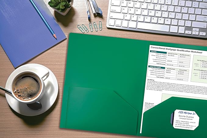 Better Office Products Heavyweight Plastic 2 Pocket Portfolio Folder, Letter Size Poly Folders 24 Pack (Green)