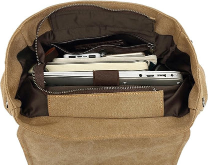 HuaChen Vintage Canvas Backpack, Mens Travel Rucksack for Laptop Hiking Bag (M83_Khaki)