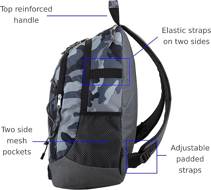 FUEL Hiking Backpack for Women Men Terra Sport, Travel, College, Gym, Work with Laptop Sleeve, Bungee, 18 Inches, Midnight Camo