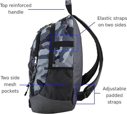 FUEL Hiking Backpack for Women Men Terra Sport, Travel, College, Gym, Work with Laptop Sleeve, Bungee, 18 Inches, Midnight Camo