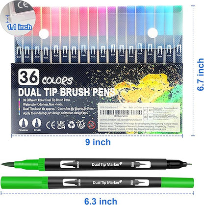 Dual Brush Marker Pens, 36 Colors Art Markers with Fine and Brush Tip Coloring Markers for Adults, Marker for Journaling Calligraphy Drawing Sketching Doodling Illustrating