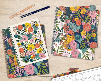 Steel Mill & Co Cute Floral Mini Spiral Notebook, 8.25" x 6.25" Journal with Durable Hardcover and 160 Lined Pages, Garden Blooms (Navy)
