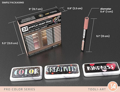 Acrylic Paint Pens 22 Skin Tones Assorted Pro Color Series Markers Set 0.7mm Extra Fine Tip for Rock Painting, Glass, Mugs, Wood, Metal, Canvas, Projects, Non Toxic, Waterbased, Quick Drying