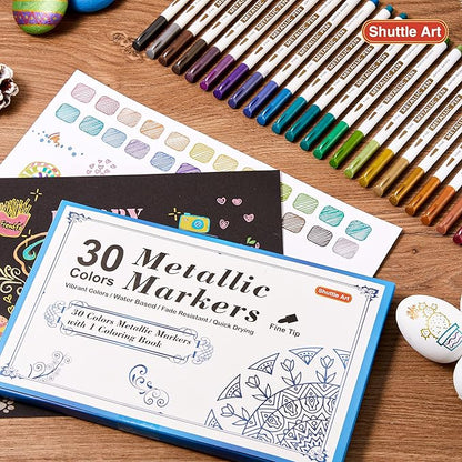Shuttle Art Metallic Marker Pens, 30 Colors Metallic Paint Markers with 1 Coloring Book Fine Point for DIY Card, Calligraphy, Art and Crafting Projects, Works Great on Black Paper, Scrapbooks, Rock