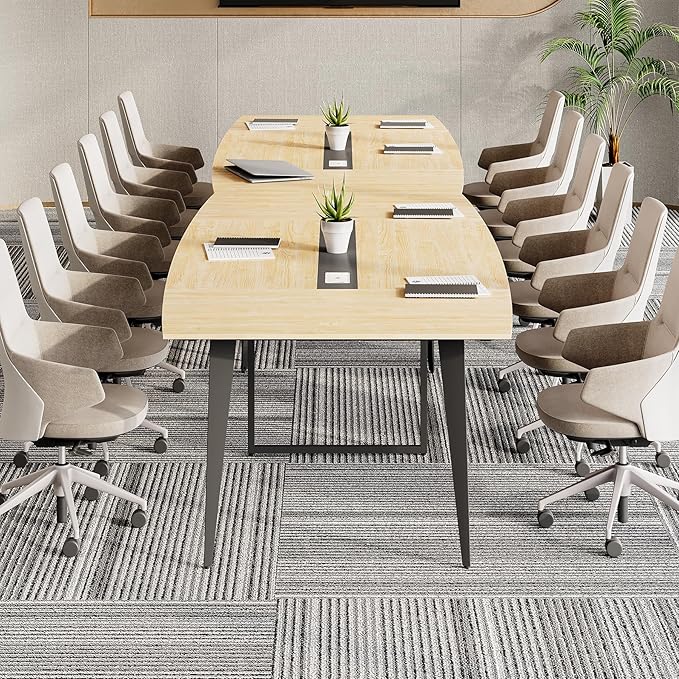 LITTLE TREE 8FT Conference Room Table, 94.48L x 47.21W x 29.52H Boat Shaped Meeting Table, Light Walnut