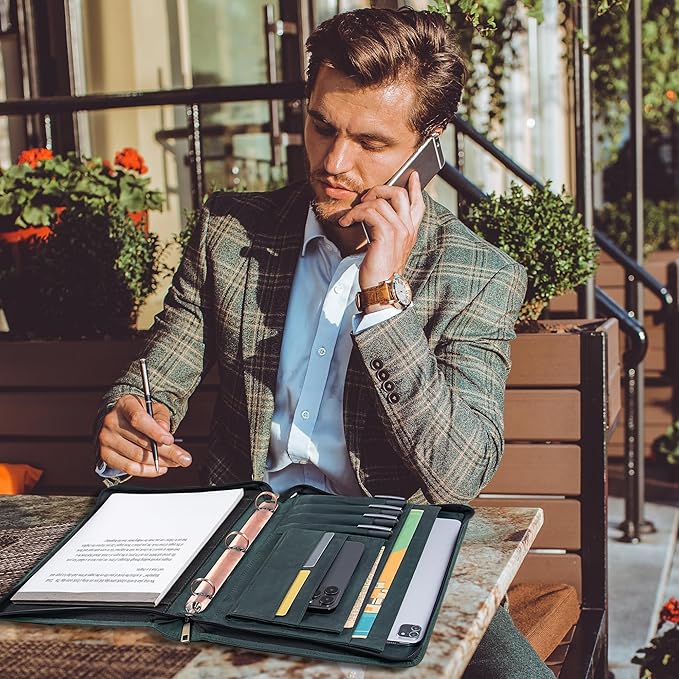 AZXCG Padfolio for Men, Leather Document Organizer with 3 Ring Binders, Legal Pad Resume Holder, Work Binder Folder, Zip Binders 3 Ring, Green, Gift for Men/Son