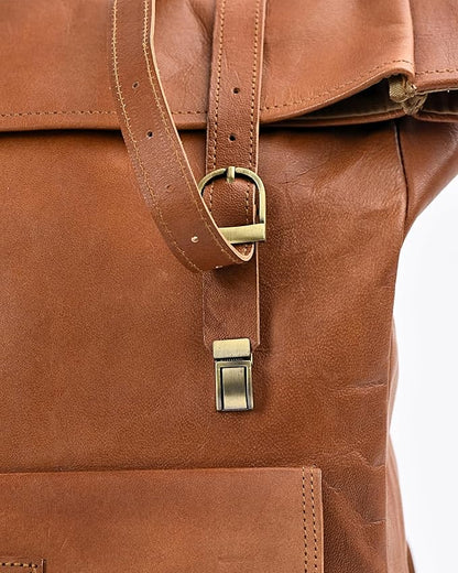 Genuine Leather Backpack for Men - 17.3 Inch Laptop - Designer Roll-top bookbag - Vintage Fashion rucksack back pack for work & travel, X-Large Tan (Brown)